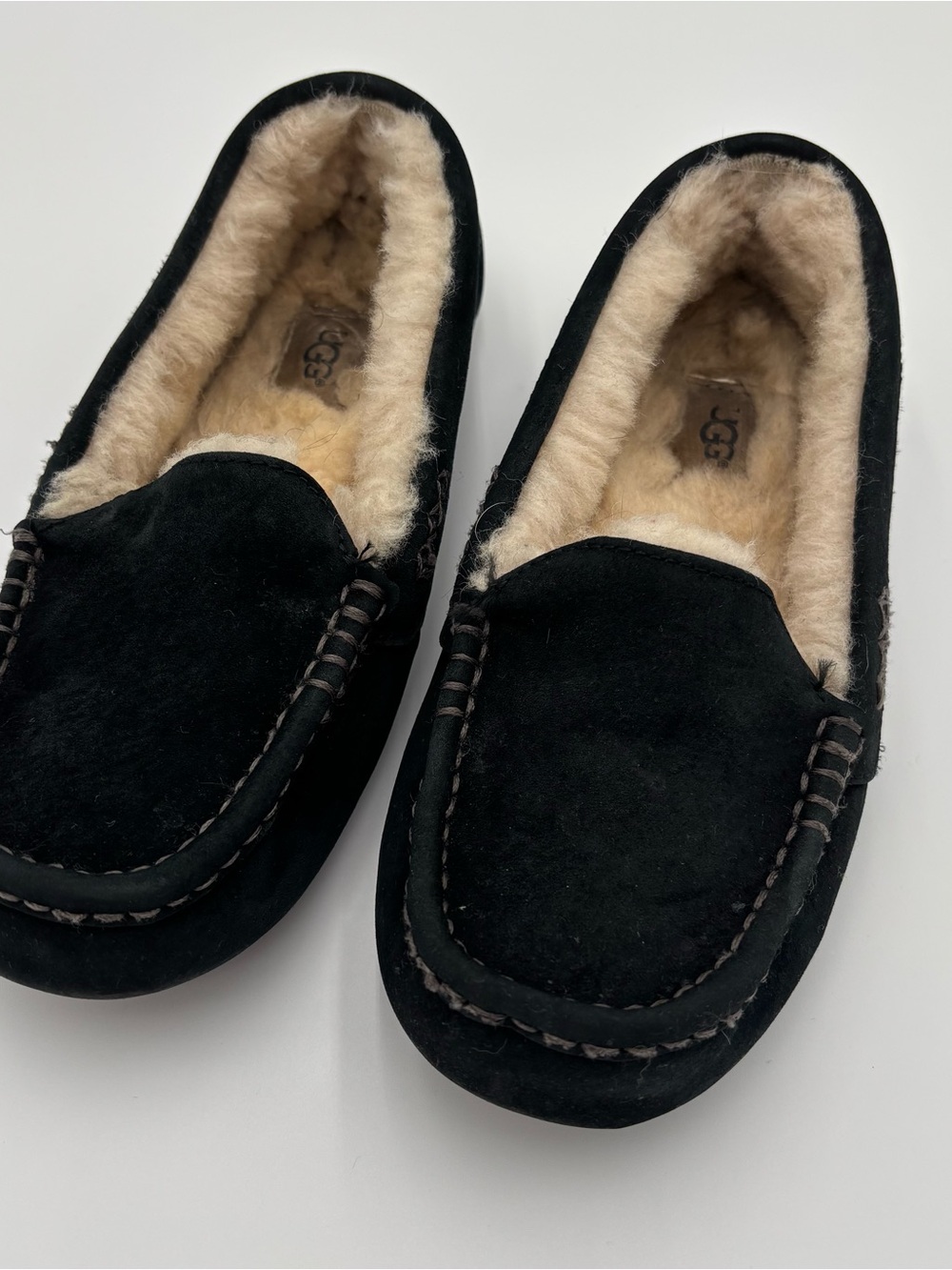 UGG Black Suede Shearling-Lined Moccasin Slippers - Picture 2 of 4